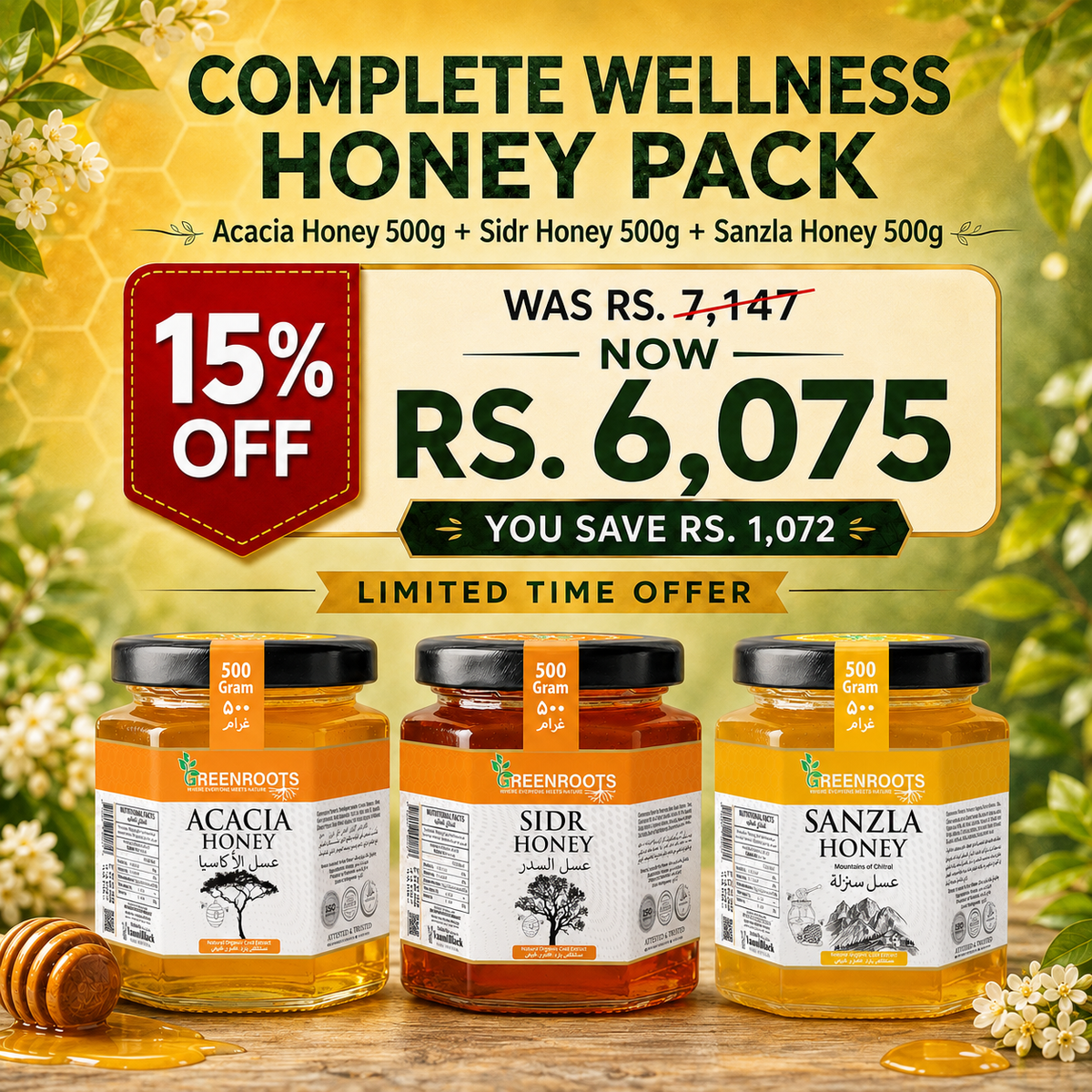 Complete Wellness Honey Pack – Acacia Honey 500g + Sidr Honey 500g + Sanzla Honey 500g